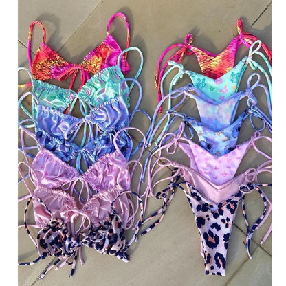 BIQIUYYI Brazilian Sexy Micro Mini Thong Bikini Set Summer Bandage Swimsuit Women Pleated Bathing Suit Beachwear Halter Biqiuni
