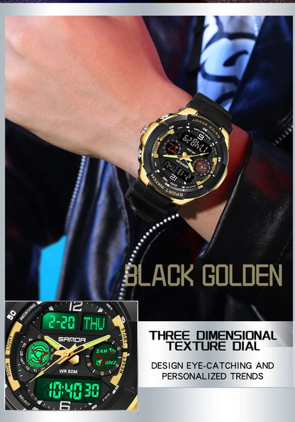 SANDA 6197 Top Class Men's Korean Student Electronic Watch Sports Multi functional Alarm Clock Waterproof Men's Watches 2024