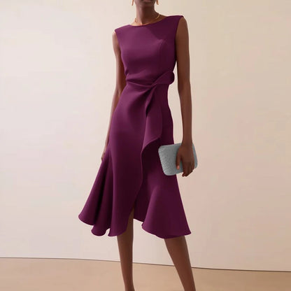 Women Crew Neck Ruffle Banquet Dress Elegant Spring Solid High Waist Slim Long Dress 2025 Summer Sleeveless A-Line Party Dresses