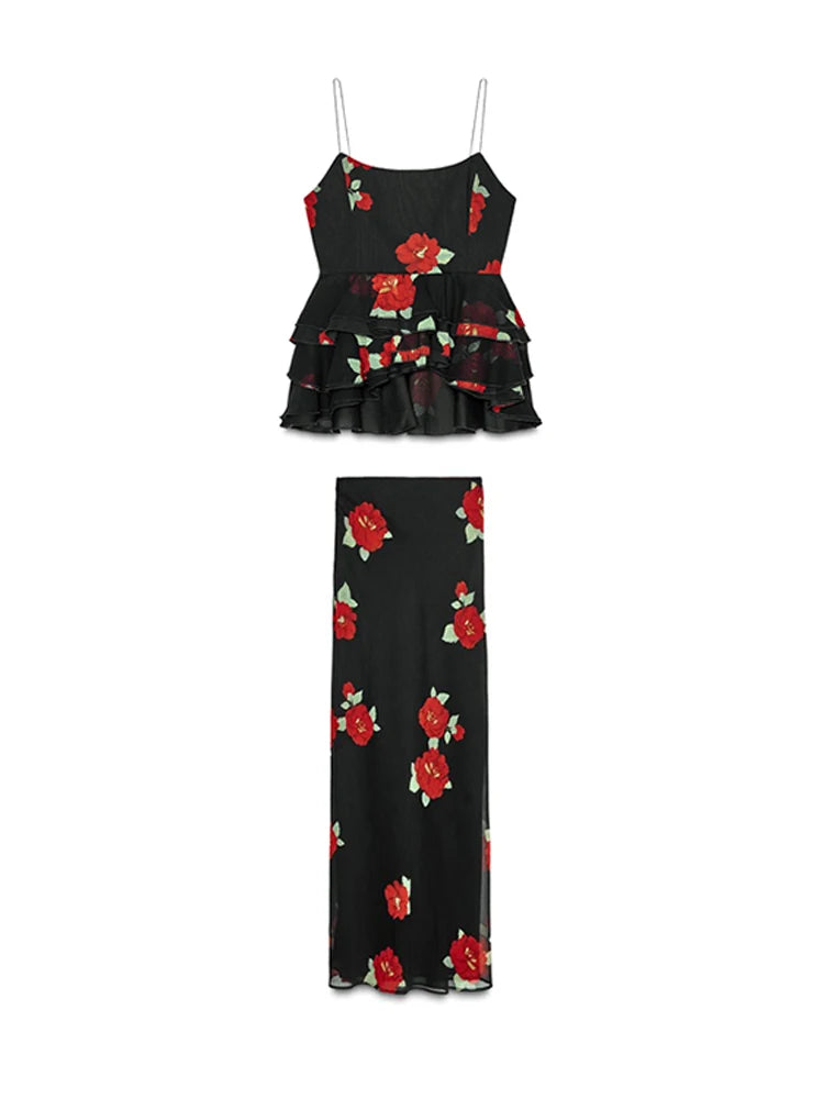 Printed Ruffle Top Skirt Set Women Slim Sling Sleeveless Backless Vest Straight Long Skirts 2025 Summer Elegant Sexy Lady Outfit