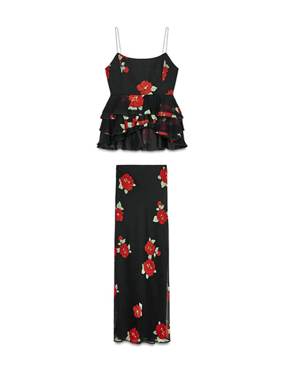 Printed Ruffle Top Skirt Set Women Slim Sling Sleeveless Backless Vest Straight Long Skirts 2025 Summer Elegant Sexy Lady Outfit
