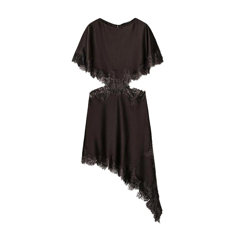 Sexy Lace Patchwork Waist Revealing Dress Women Fashion O-neck Short Sleeve High Waist Slim Dresses Female New Chic Casual Robe