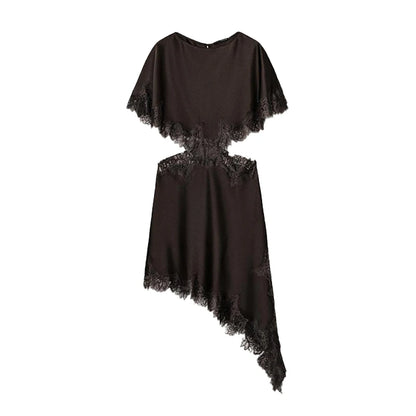 Sexy Lace Patchwork Waist Revealing Dress Women Fashion O-neck Short Sleeve High Waist Slim Dresses Female New Chic Casual Robe