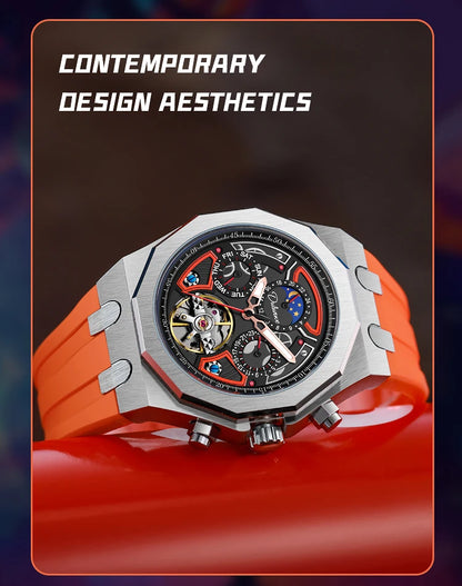 Luxury Tourbillon Watches Men Fashion Sport Rubber Strap Moon Phase Date Waterproof Automatic Mechanical Wrist Watch Man Reloj