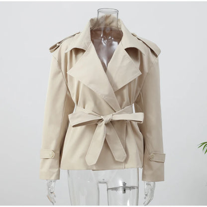 Solid Lapel Lace Up Trench Coat Women Fashion Full Sleeve Waist Cinching Short Windbreak New Autumn Office Commute Outwear 2026