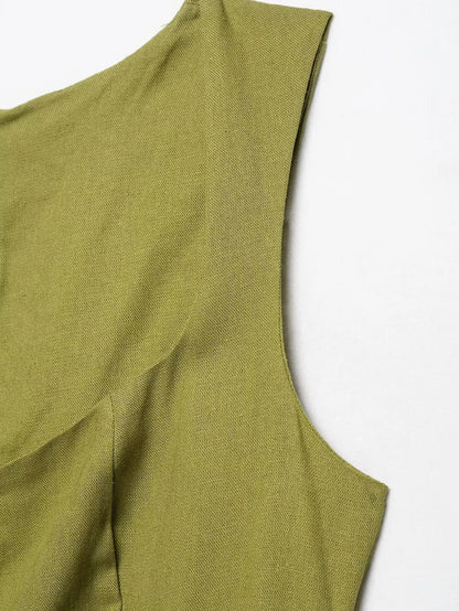 2025 Summer Elegant Dress Women Fashion Solid Square Collar Sleeveless Single Breasted Dress Ladies Vacation Green Spilt Dresses