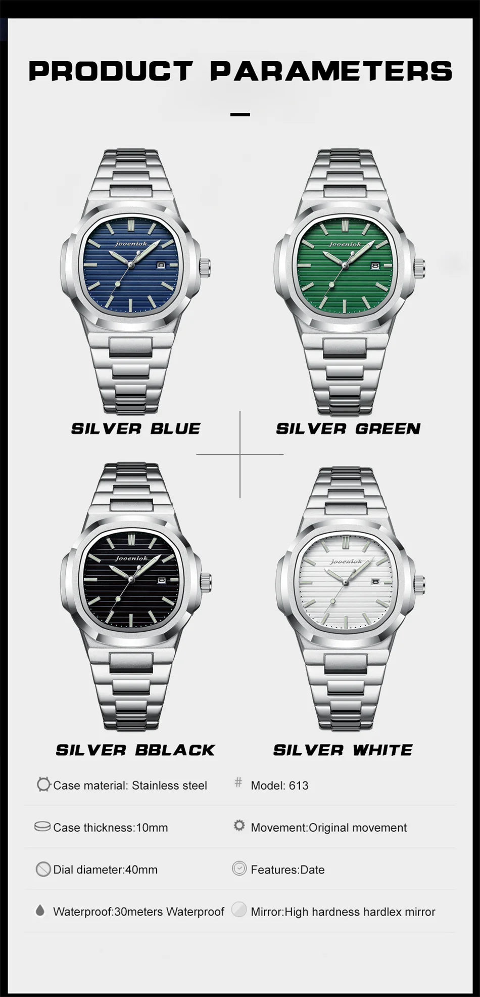 JOOENIOK Luxury Military Man Watch Square Waterproof Luminous Date Week Men Watch Stainless Steel Quartz Men's Watches Reloj+box