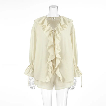 Casual Ruffled Shirt Shorts 2-Piece Set Women V Neck Flare Sleeve Lace-up Loose Blouse Shorts Suit Summer Beach Vacation Outfits