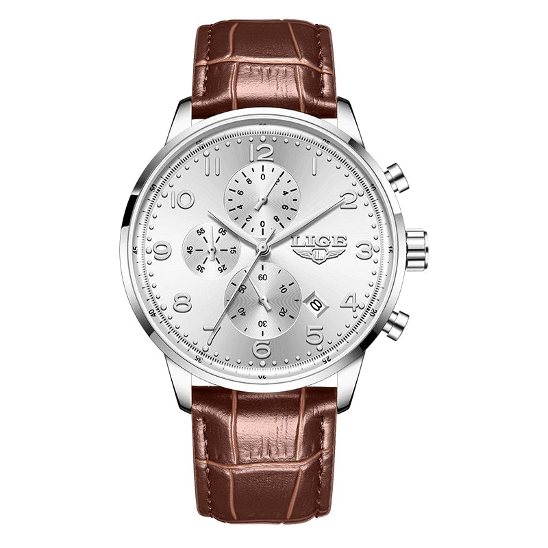 LIGE Casual Sports Watches For Men Fashion Business Leather Waterproof Quartz Men Watch Top Brand Luxury Military Chronograph