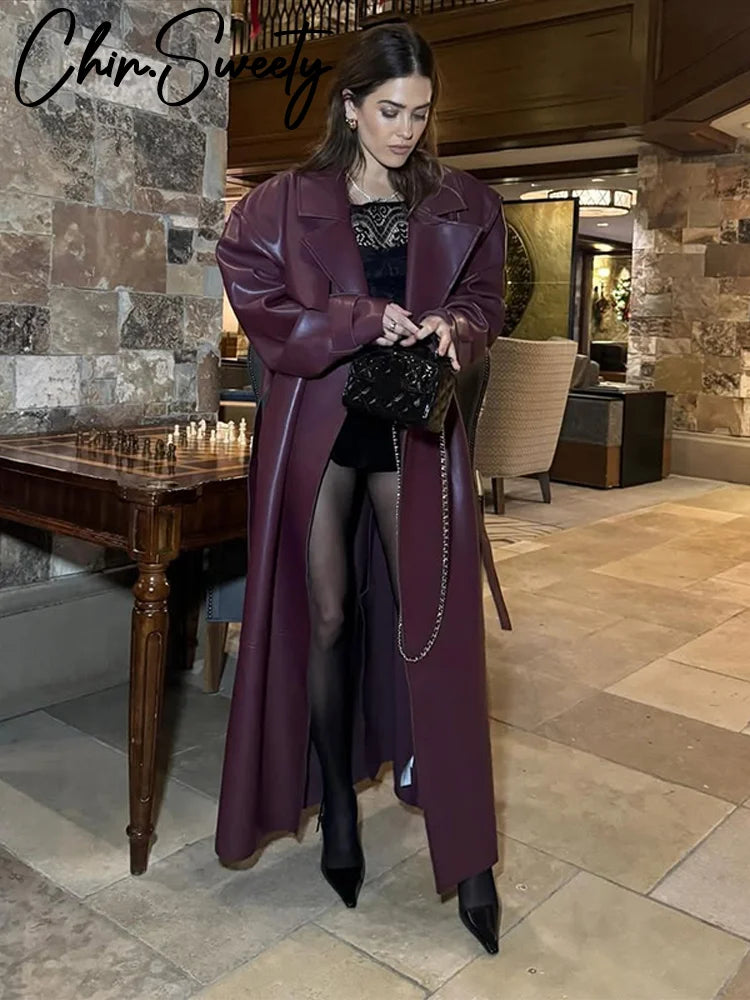 Street Pu Leather Women Long Coat Y2K Solid Belt Lapel Pocket Full Sleeve Female Jacket 2025 Autumn Winter Lady Outwear New