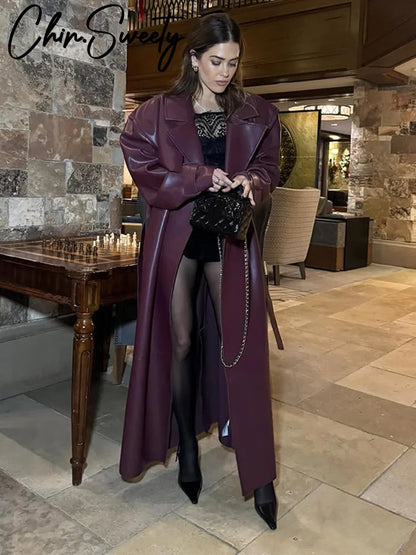 Street Pu Leather Women Long Coat Y2K Solid Belt Lapel Pocket Full Sleeve Female Jacket 2025 Autumn Winter Lady Outwear New