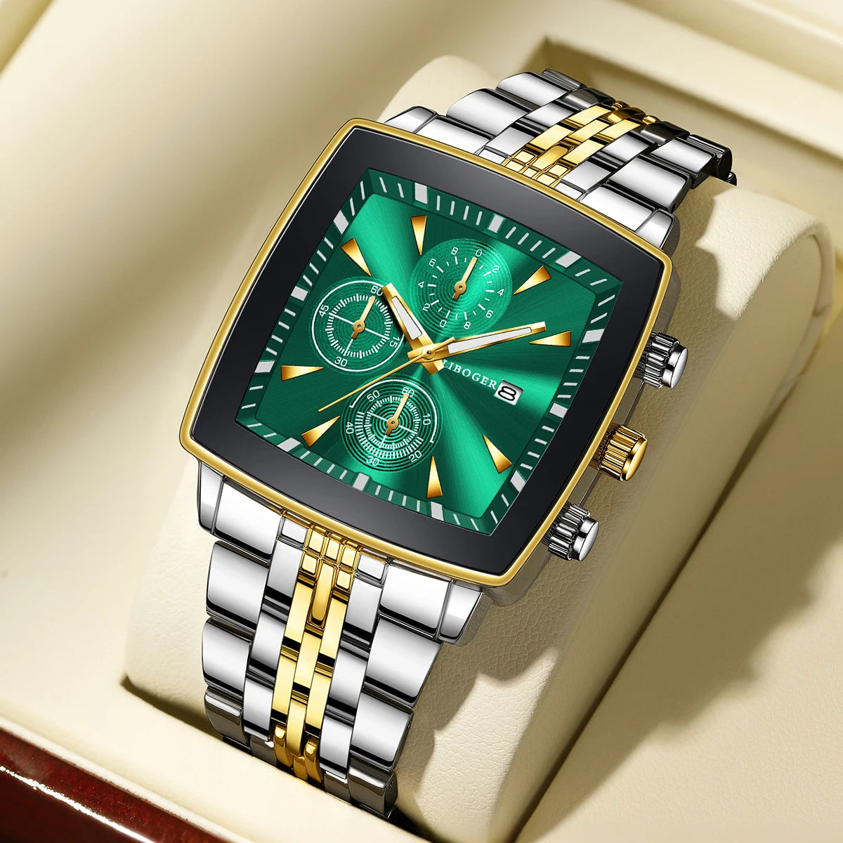 Luxury Stainless Steel Man Calendar Business Watches Fashion Square Dial Men Quartz Wristwatch Reloj Hombre (Without Box)