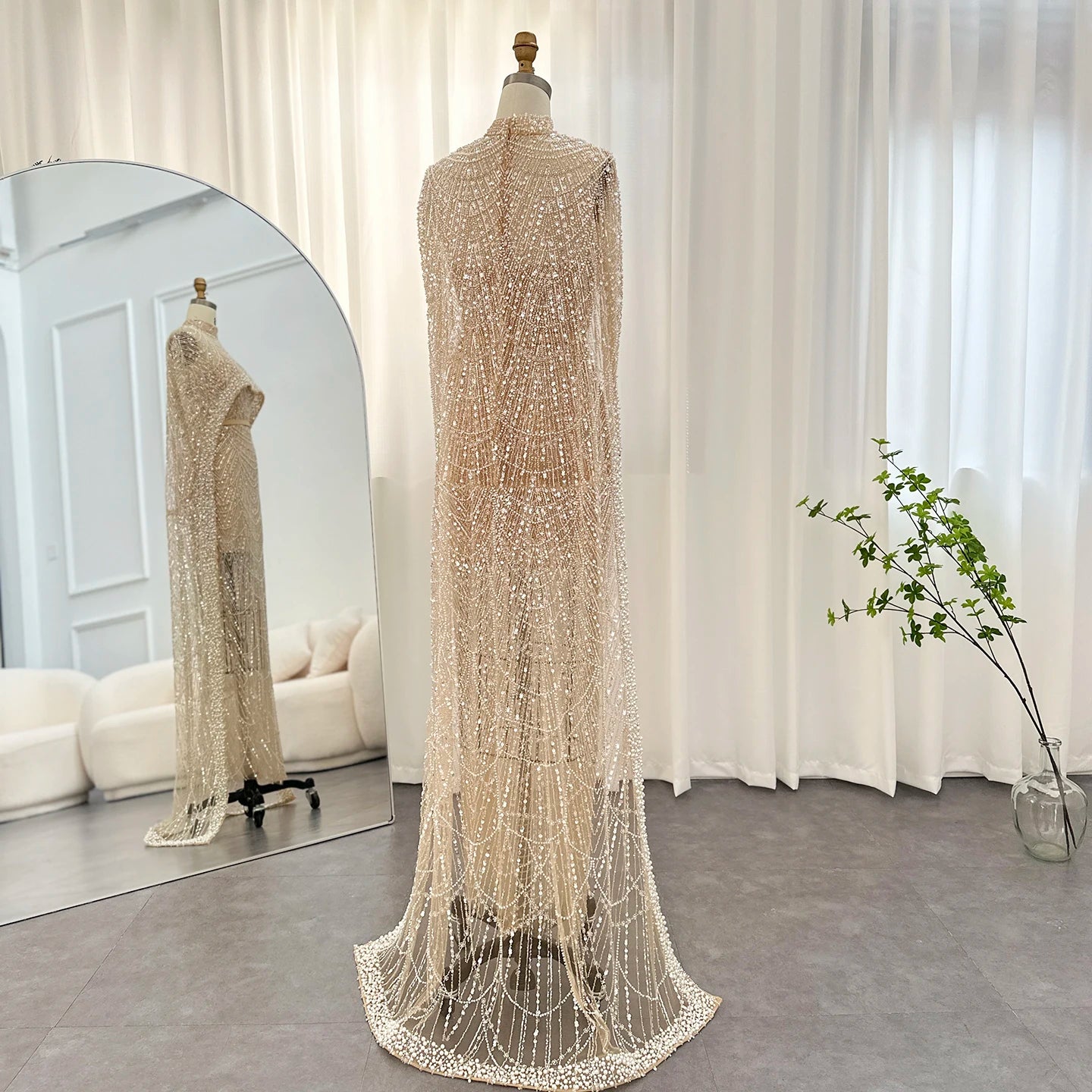 Sharon Said Luxury Pearls Dubai Champagne Evening Dresses with Cape New Arabic Women Mermaid Wedding Party Prom Dress SS369