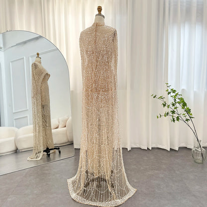 Sharon Said Luxury Pearls Dubai Champagne Evening Dresses with Cape New Arabic Women Mermaid Wedding Party Prom Dress SS369