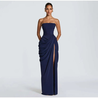 Lady Sexy Strapless Split Solid Pleated Dress Women Chic Backless High Waist Off-shoulder Dresses 2026 New Evening Party Gowns