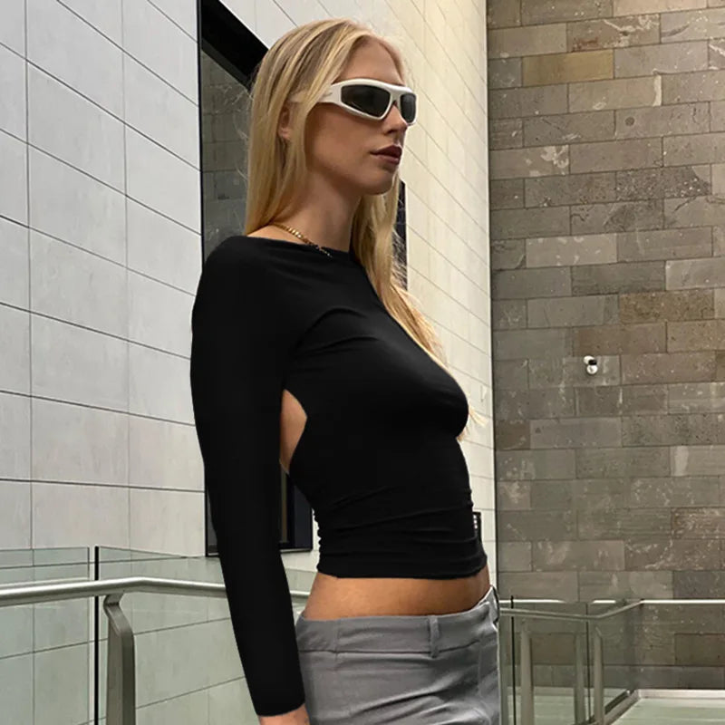 Backless Short Sleeve Blue Y2K Crop Top Women Casual O Neck  Summer T Shirts Sexy Vintage Cut Out