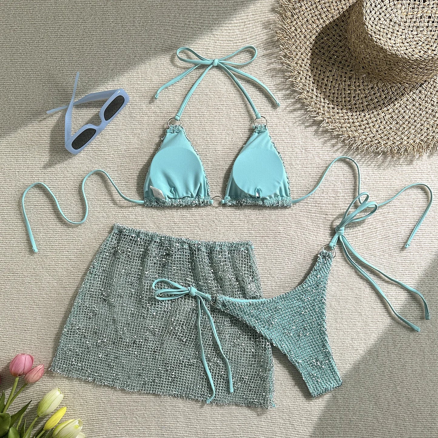2025 New Halter Strappy Hollow Out Skirt Bikini Female Swimsuit Women Swimwear 3 pieces Bikini set Bather Bathing Suit S