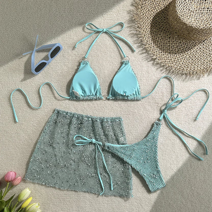 2025 New Halter Strappy Hollow Out Skirt Bikini Female Swimsuit Women Swimwear 3 pieces Bikini set Bather Bathing Suit S