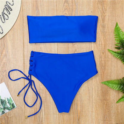 White push up swimsuit 2023 Summer beach sexy bikini set High Waist solid swimming suit for women swimwear Bandeau bathing suit