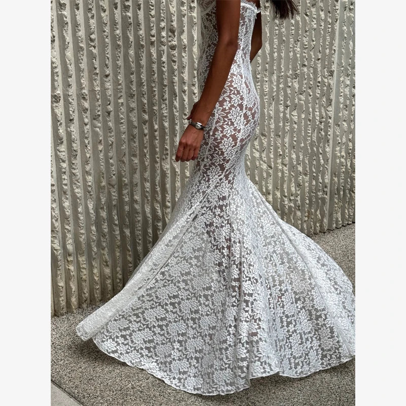 White Lace Hollow Out Halter Long Dress Women Sexy Sleeveless Off Shoulder Slim Maxi Dresses 2026 Lady Holiday Beach Vestidos