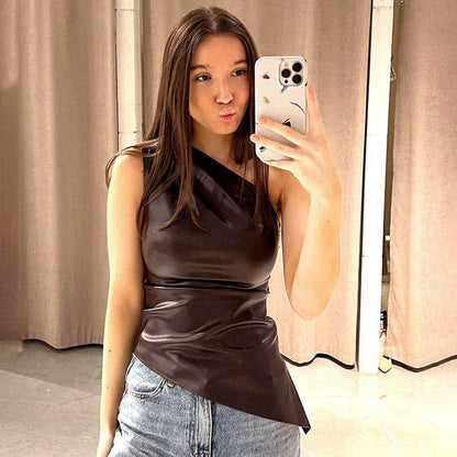 Solid color leather sleeveless irregular single shoulder sloping collar sexy slim zipper T-shirt