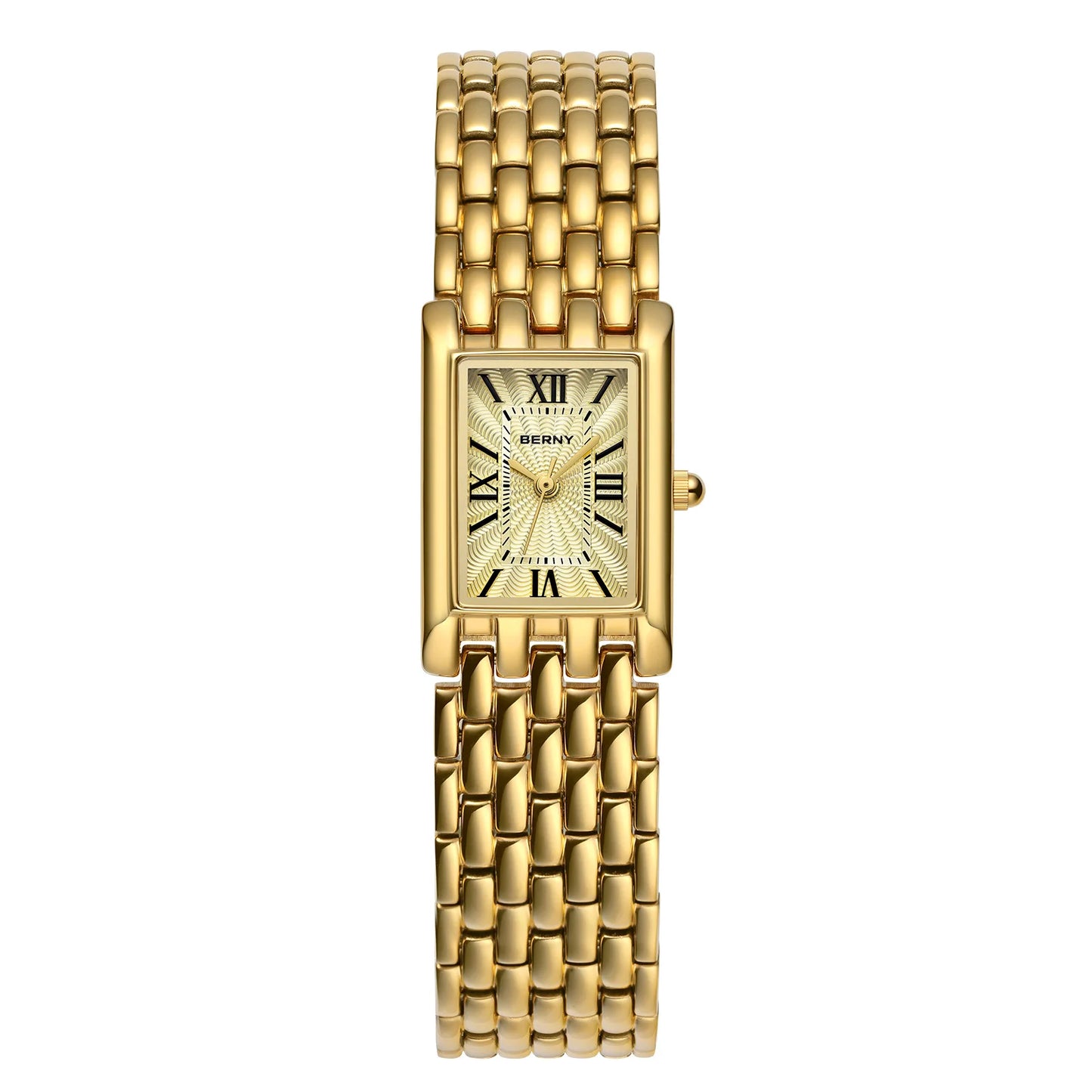 BERNY Luxury Women's Watches Fashion Ladies Square Casual Golden Quartz Watch Solid Stainless Steel Rectangle Girls Wristwatch