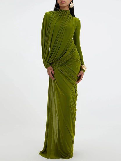 VGH Elegant Vintage Spliced Ribbon Dresses for Women Turtleneck Long Sleeve Irregular Folds Evening Luxurious Maxi Dress Female