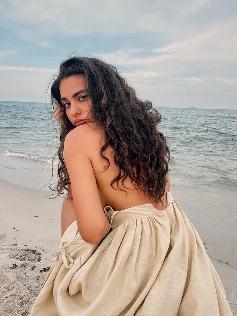 TARUXY Sexy Backless Beach Dress For Women V Neck Splice Folds Long Dresses Womens Party Elegant Bandage Maxi Sundress Female