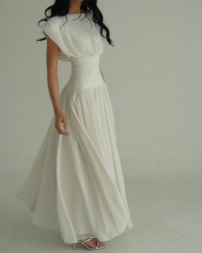 Elegant Sleeveless Girdling Long Dress Women O-neck High Waist Solid A-line Long Big Swing Dresses 2025 Summer Holiday Lady Robe