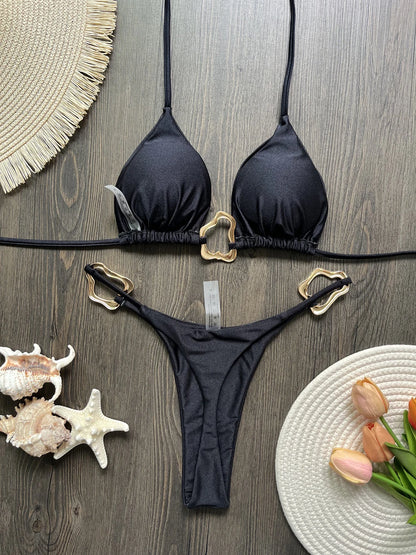 Sexy Solid Color Halter Lace-up Low Waist Bikini Set Women's Two Pieces Triangle Thong Swimsuit Bathing Suit Brazilian Biquinis