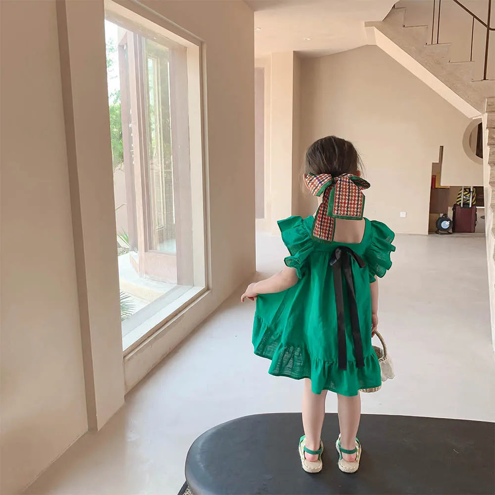Bear Leader Summer Girls Dresses Flying Sleeve Dress Casual Ruffled Dresses Solid Back Bowknot A Line Baby Dresses Kids Clothes