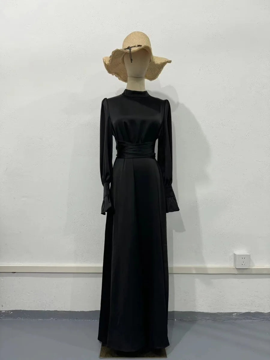 Eid Satin Muslim Dress for Women Abaya Party Dresses Ramadan Lace-up Islam Flare Sleeve Vestidos Largo Dubai Arab Long Robe 2024