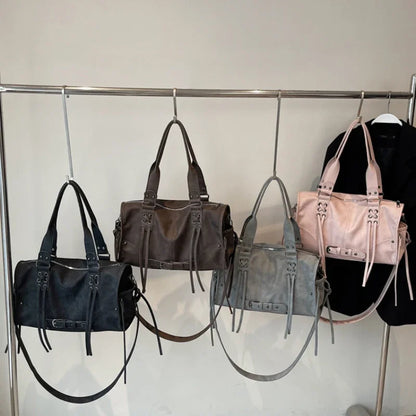 Retro Motorcycle Handbag Women Horizontal Tote Storage Tassel Design Pillow Shoulder Bag Trendy Large Capacity Soft Underarm Bag