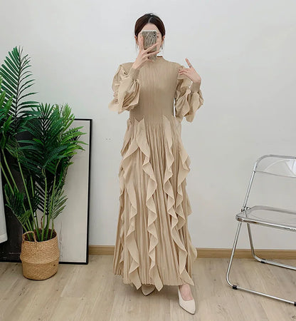 Fashion Ruffles Pleated Dress Women Round Neck Flare Sleeves Solid Maxi Belt Dresses Party 2025 Autumn New