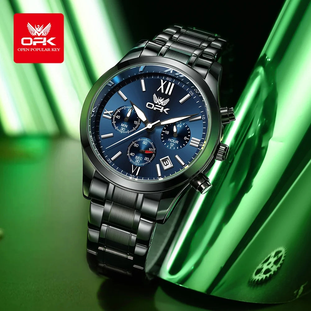 OPK 6052 Chronograph Quartz Wristwatch Original Steel Strap Waterproof Luminous Calendar Fashion Elegant Men's Business Watches