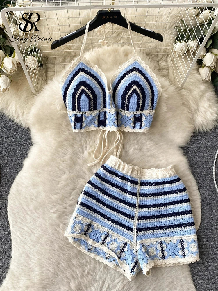 SINGREINY Summer Knit Beach Suit Women Short Camisole+ Hollow Out Wide Leg Shorts Fashion Vacation Stripe Casual Two Pieces Sets
