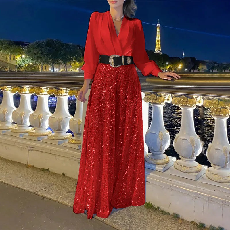TARUXY Splice Sequins Maxi Dresses For Women Fashion Folds Loose V Neck Elegant Dress Femme Party Evening Dresses Luxury 2023