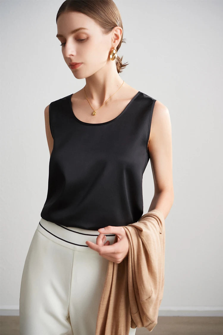 SuyaDream. Women Basic Cozy Tanks, 100%Real Silk, O neck Sleeveless Chic T Shirt, 2025 Solid Summer Vests, White, Pink, Beige
