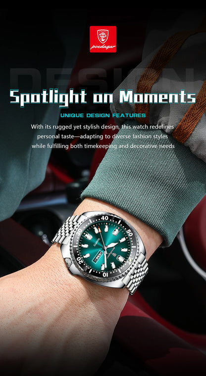 POEDAGAR Luxury Brand Men Clock Date Week Fashion Quartz Male Wristwatch Luminous Waterproof Stainless Steel Men's Watches Reloj