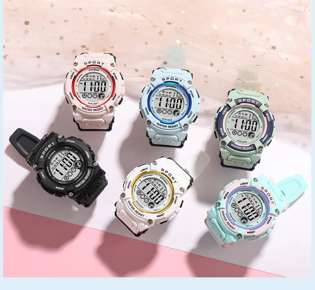 Synoke Shockproof Digital Sport's Watches Fashion PU Strap 50M Waterproof Colorful Light Led Chronograph Women's Wristwatch