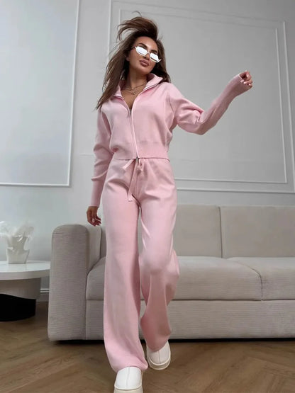 Blubelle Women's New Autumn Winter Zip Up Knit Set Trendy Slim Fit Cardigan Pants Chic Commuting Sweater Outfit