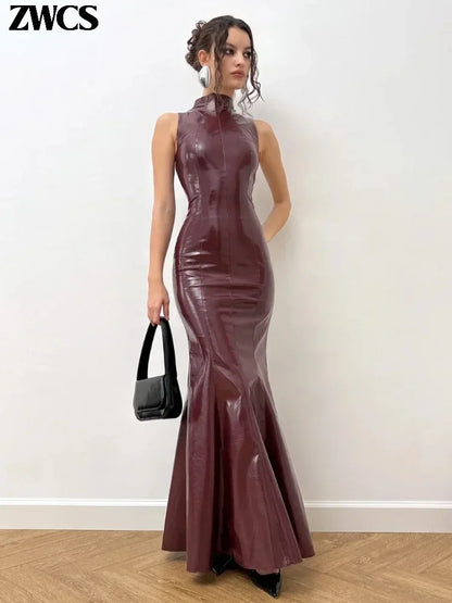 Sexy Turtleneck Leather Long Dresses 2026 Spring New Ladies Slim Sleeveless Bodycon Dress Women's Solid Nightclub Party Gowns