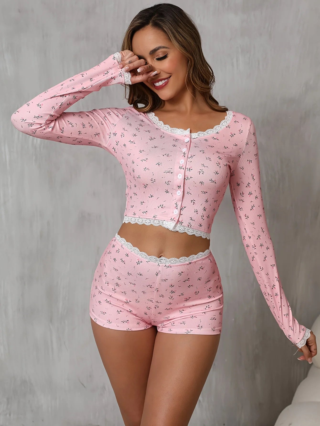 Women’s French Floral Lace Two Piece Set Long Sleeve Cardigan and Shorts Elegant Fashion Outfit Casual Chic Ladies Clothing