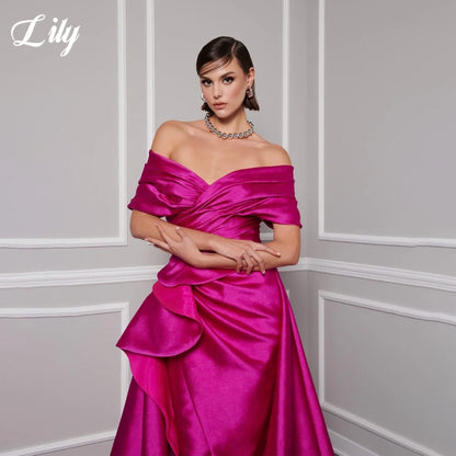 Lily Red Elegant Prom Gown V-Neck Off the Shoulder Party Dress for Woman Satin Pleating Side Split Evening Dresses Customized