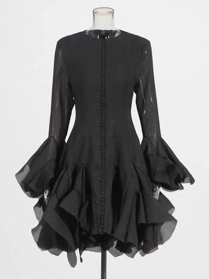 VGH Sweet Ruffles Elegant Knee Length Dresses for Women Round Neck Flare Sleeve High Waist Spliced Button  A Line Dress Female