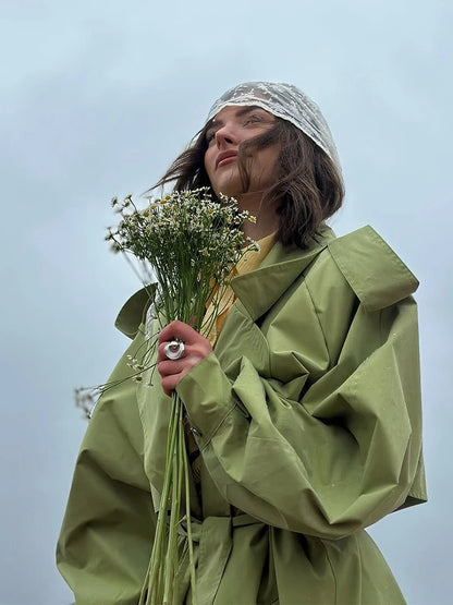 Women Green Lapel Trench Coat Fashion Belted Long Sleeve Loose Outerwear Chic 2025 New Autumn Street Travel Leisure Lady Outwear