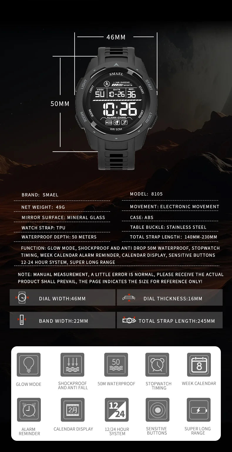 SMAEL 8105 Digital Watches Sports LED Wristwatches Men's 50m Waterproof Watch Digital Light Stopwatch Watch for Men