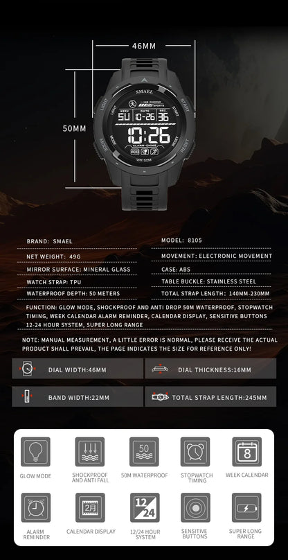 SMAEL 8105 Digital Watches Sports LED Wristwatches Men's 50m Waterproof Watch Digital Light Stopwatch Watch for Men
