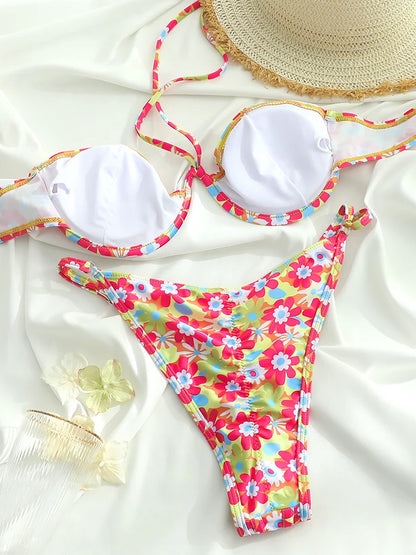 Bordered Bikini Sets for Women Off Shoulder Swimwear Sexy Bikinis Patchwork Swimsuit Bathing Suit Leopard Print Beachwear