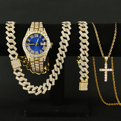 3/4PCS Hip Hop Iced Out Men's Watch Jewelry Set Luxury Rhinestone Quartz Wristwatch Cuban Link Chain Accessories（Without Box）